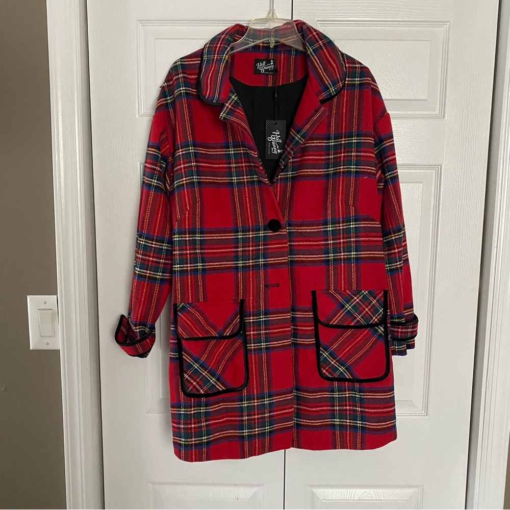 Hell Bunny Red Plaid Pea Coat with Black Trim